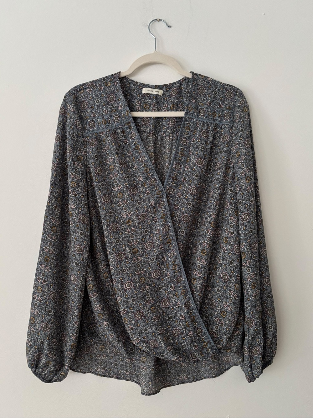 Max Studio Womens Blouse Blue Floral Print Long Balloon Sleeve Peasant Top Boho